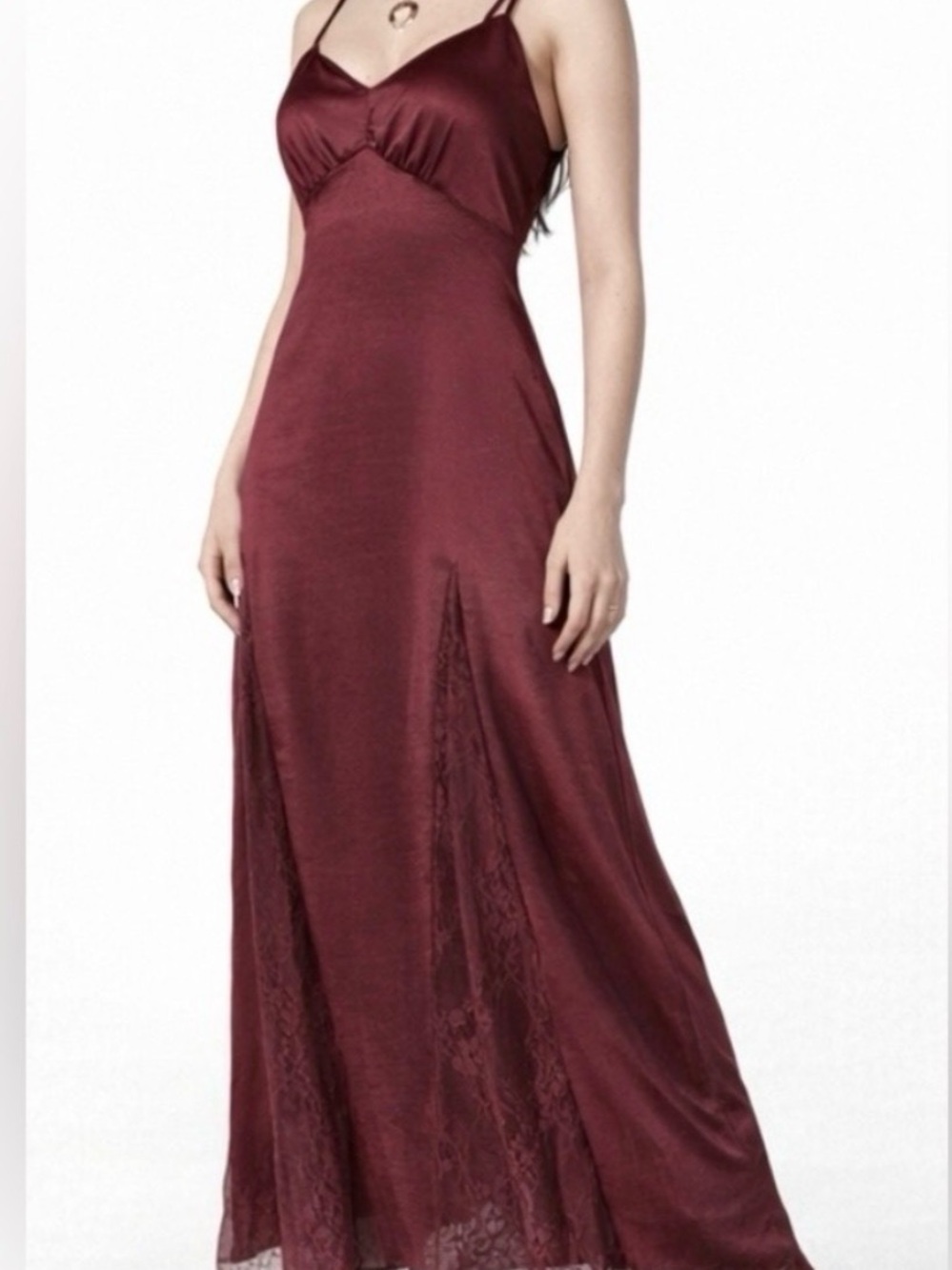 Betsey Johnson Wine Satin Maxi Dress with Lace Insets